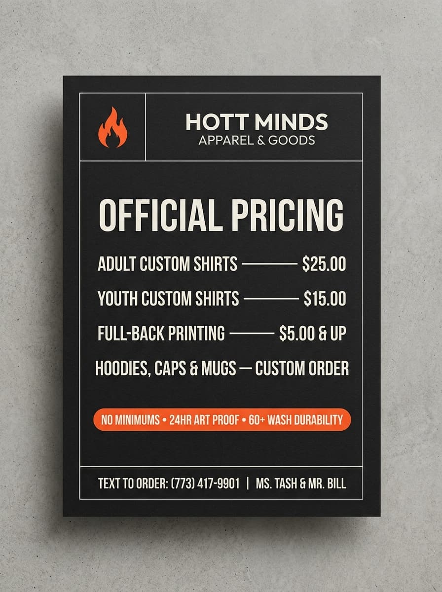 Designs by Hott Minds Official Standard Price Sheet
